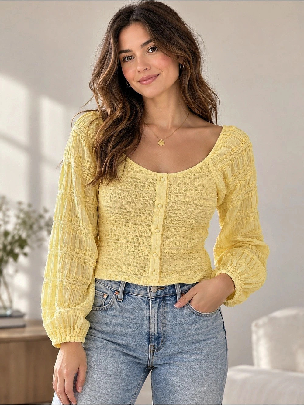 San Francisco Smocked Blouse in Yellow Size Large Cottagecore Boho Coquette